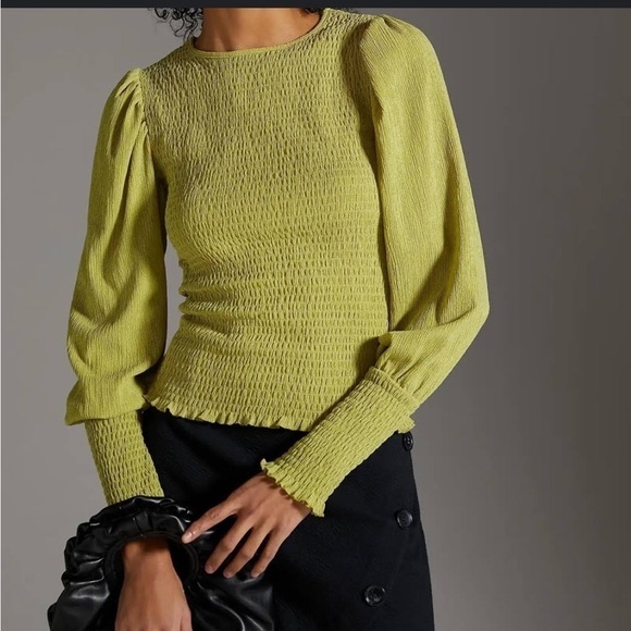 Anthropologie ruched yellow green long sleeve top - Picture 1 of 11